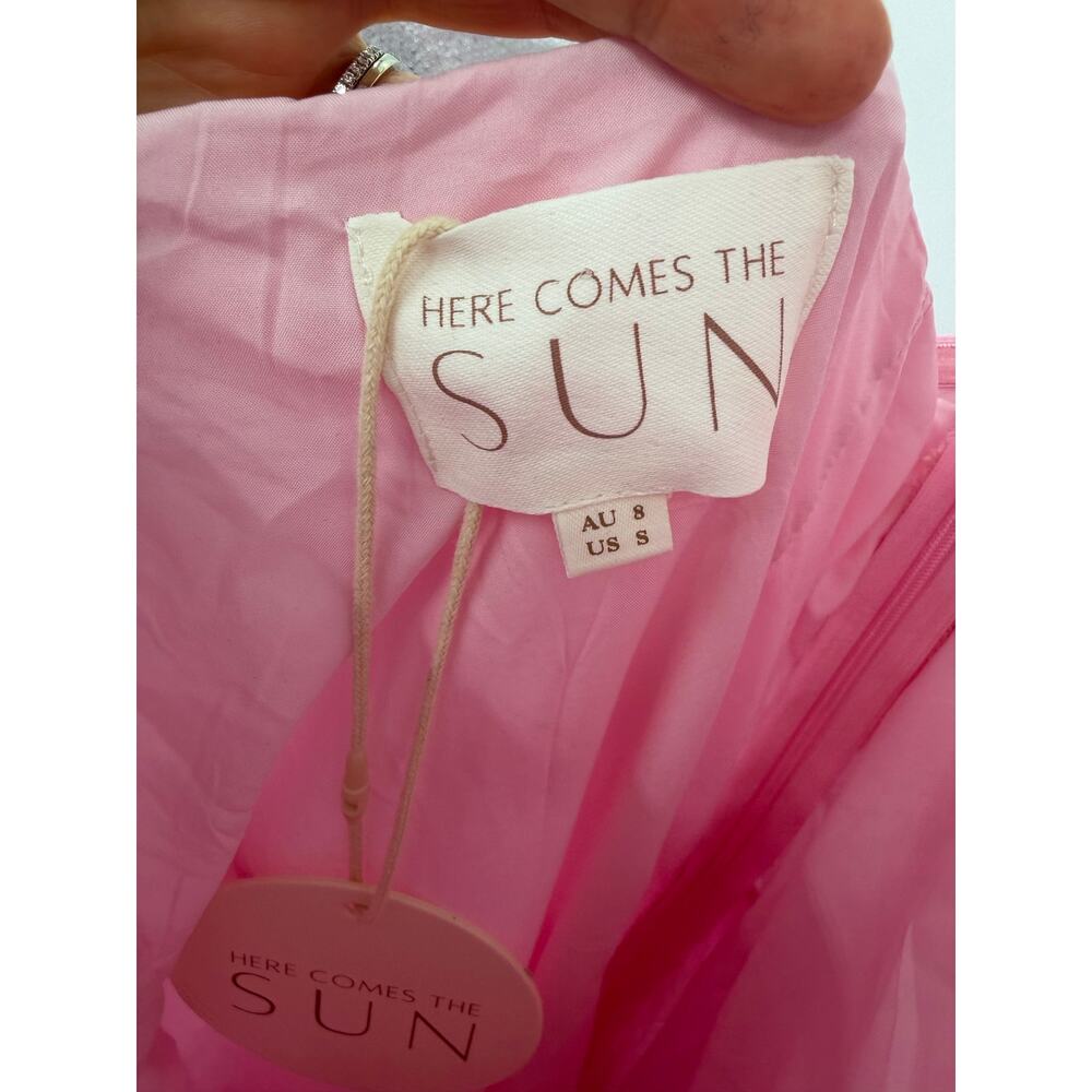 Here Comes The Sun Pink Ruffle Maxi Dress Cascading Ruffle Halter Neck Small NWT - Picture 5 of 8